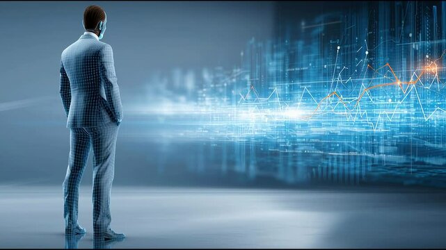 Professional businessman in suit observing urban cityscape for ai-driven ipo valuation and investment analysis. AI IPO Valuation Visualization &ndash; Animated Video Version