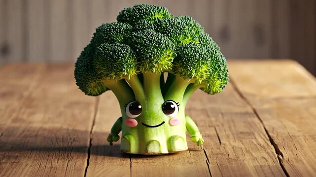 Cute anthropomorphic broccoli character with joyful expression on wooden table background