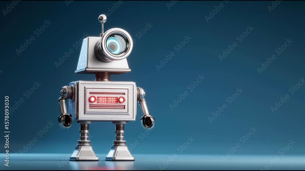 Poster robot holding a magnifying glass analyzing data for merger analysis in an ai-driven business context