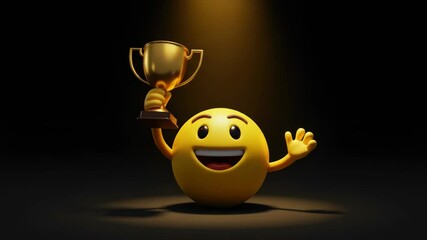 Animated emoji character wins an award, celebrating success and achievement with trophy celebration - Powered by Adobe