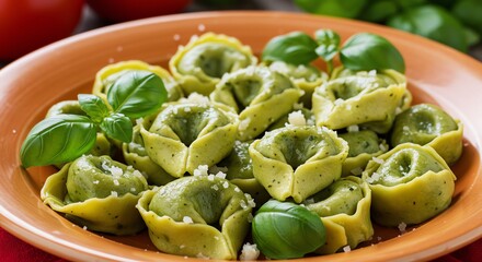 Fresh Tortelloni Pasta with Pesto Filling and Basil Garnish on Rustic Plate