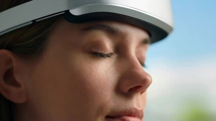 Woman wearing a futuristic headset with eyes closed, possibly meditating or using brain-computer interface technology. - Powered by Adobe