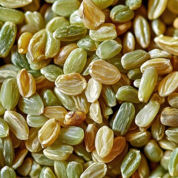 closeup of freekeh grains with greenish hue and cracked texture, macro ancient grain photography, natural light