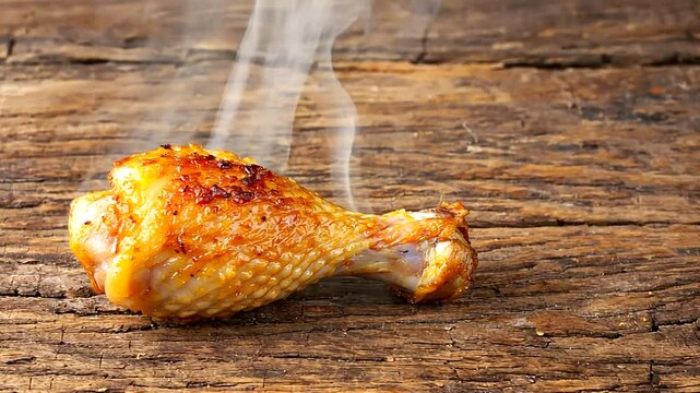 Deliciously roasted chicken drumstick on rustic wooden table, steam rising, inviting atmosphere