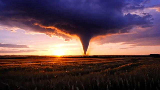 Dramatic tornado formation over golden wheat fields at sunset, showcasing nature's power