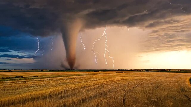 Dramatic tornado forming over golden wheat fields, with striking lightning illuminating the sky