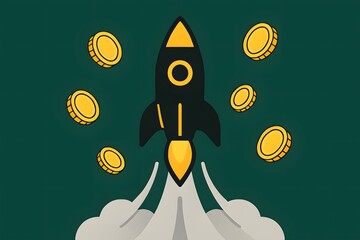 Rocket Launching with Gold Coins on Dark Green Background Illustration Graphic Design