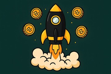 Cartoon Rocket Launching with Cryptocurrency Coins on Dark Green Background Illustration