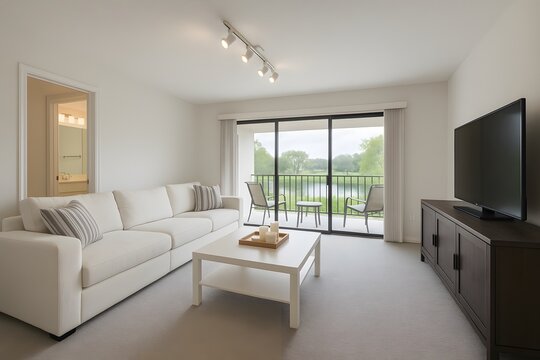 Bright Living Room with White Sofa, Balcony Overlooking Lake, and Modern Furnishings