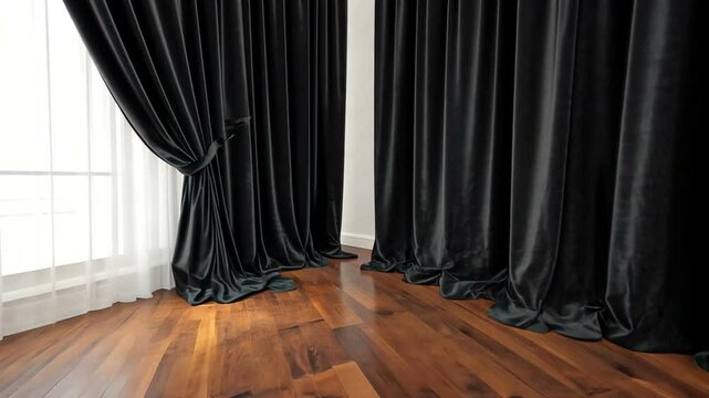 Elegant interior showcasing dark curtains and polished wooden floor in a bright room