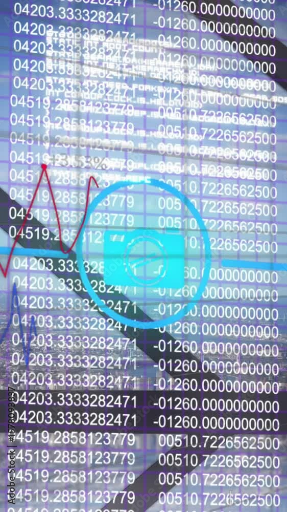Poster animation of financial data processing and network of connections with icons over cityscape