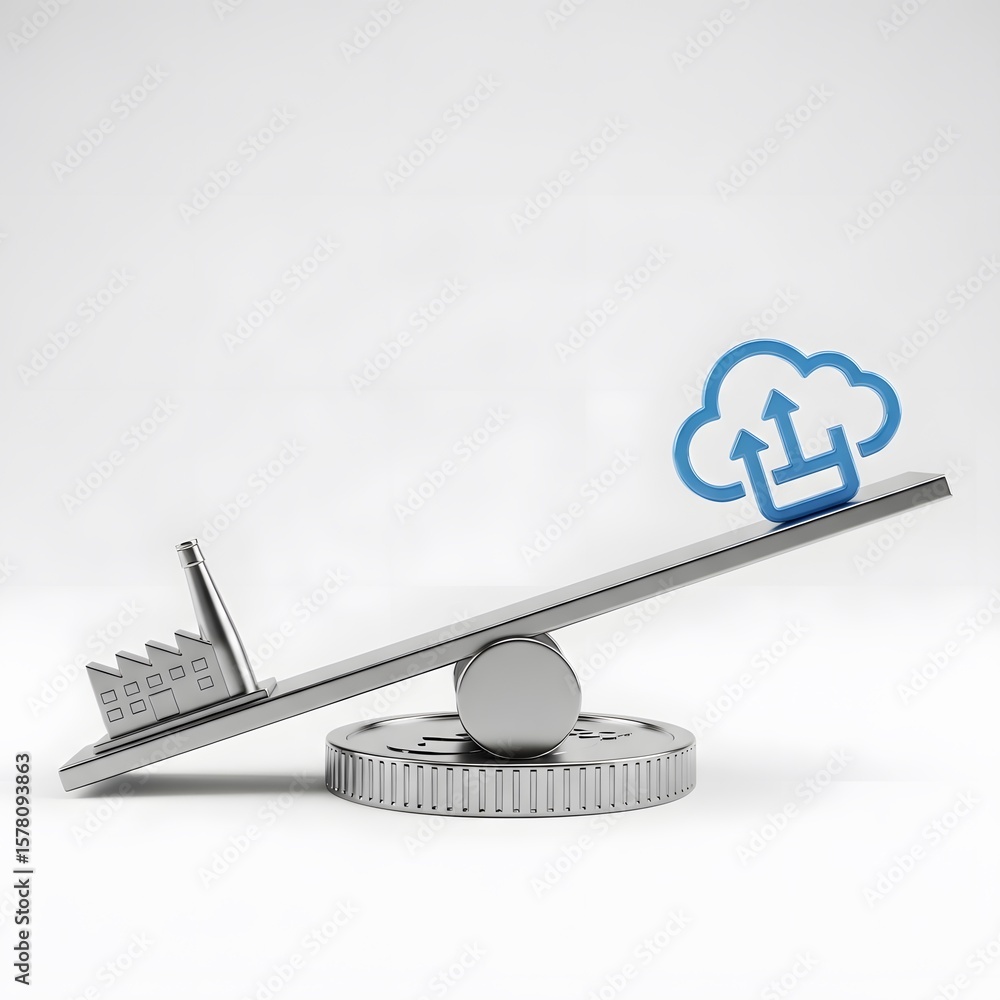 Poster conceptual illustration of a seesaw with key and cloud upload icon on white background