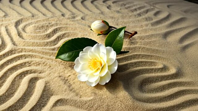 Elegant white flower resting on patterned sand, surrounded by natural tranquility and beauty
