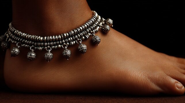 Indian anklet payal silver with ghungroo bells realistic side view macro cultural accessory on tan skin background