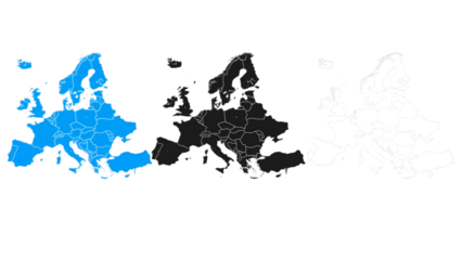European Map Silhouettes in Blue, Black, and White Outlines of Countries and Regions