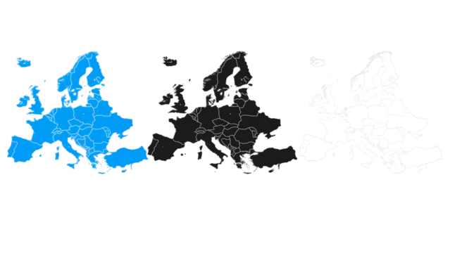 European Map Silhouettes in Blue, Black, and White Outlines of Countries and Regions
