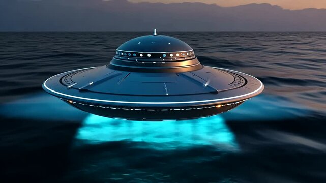 Futuristic UFO hovering above tranquil ocean waters at sunset, illuminating the scene below
