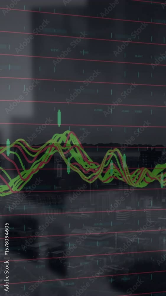 Poster animation of data processing over modern building and cityscape