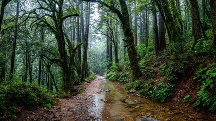 Fototapeta premium Lush forest trail in the rain