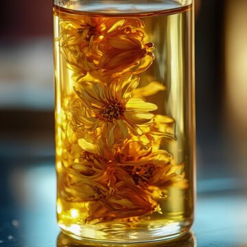 closeup of safflower oil with golden liquid in a clear glass bottle, light reflection on the surface, macro cooking oil photography