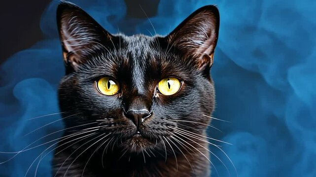 Majestic black cat with striking yellow eyes surrounded by ethereal blue smoke, captivating gaze