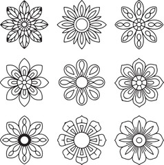 Floral Line Art Vector Set, Hand-Drawn Outline Flower Icons with Petal Patterns, Minimalist Botanical Elements for Coloring, Craft, and Design