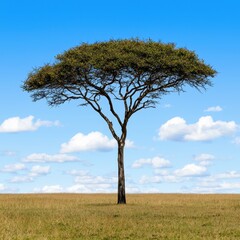 Single Acacia Tree in Grassland Under a Blue Sky