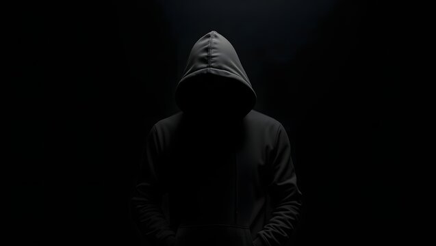 a faceless man wearing a hoodie, standing isolated against a dark or completely black background.