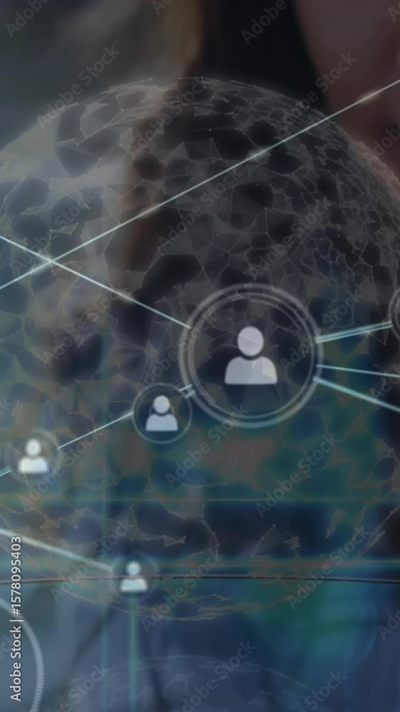 Poster animation of network of connections with globe over woman using smartphone