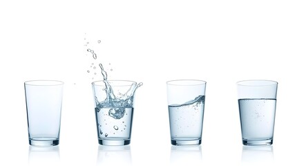 set of images showing water being poured into a clear glass, captured in multiple stages.