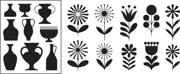 Fototapeta premium Monochrome Assorted Floral and Leaf Sprigs Line Art, Elegant Hand-Drawn Botanical Elements for Minimalist Nature Design, Crafting, and Decor