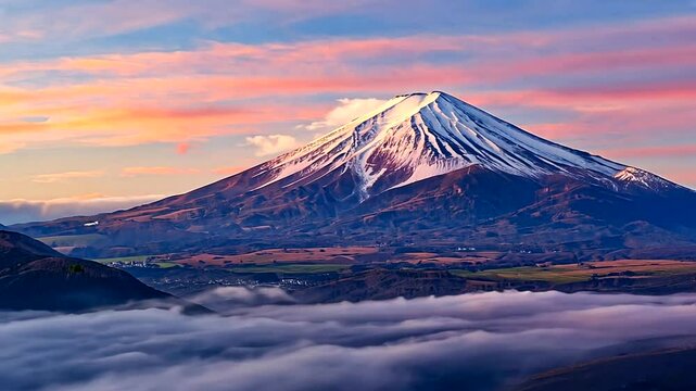 Majestic snow-capped mountain towering above clouds at sunset with vibrant colors