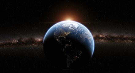 Fototapeta premium Earth From Space with Sunrise Bright Light and Starry Night Sky