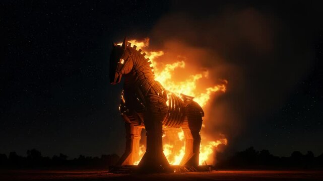 Dramatic Burning Wooden Horse Amidst Starry Night: Epic Imagery and Ancient Symbolism