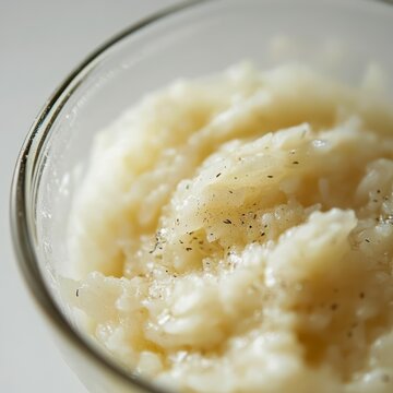 closeup of shio koji in a glass bowl creamy fermented rice texture macro Japanese seasoning photography clean white background
