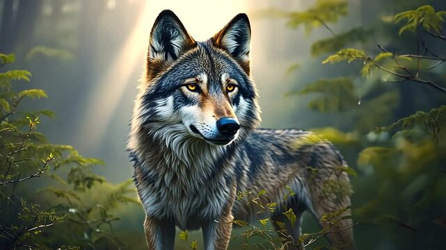 Majestic wolf standing amidst lush green forest, illuminated by soft sunlight filtering through trees