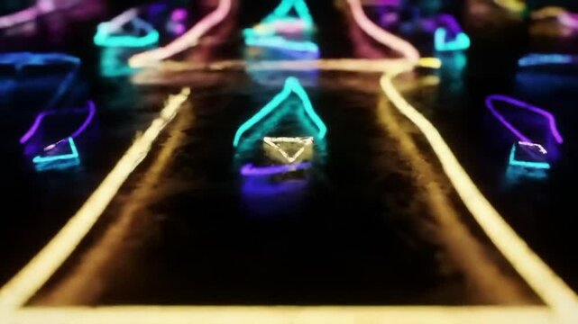 Vibrant blue neon light designs glow in the dark, illuminating a futuristic party celebration with electric energy