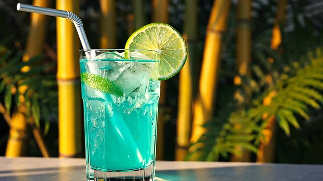 Refreshing blue cocktail with lime garnish on a table surrounded by tropical greenery
