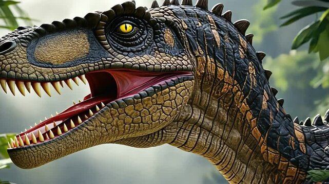 Realistic depiction of a dinosaur in a lush jungle, showcasing its fierce expression and vibrant colors