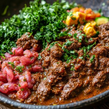 closeup of Ethiopian kitfo raw meat dish fermented spiced butter and herbs macro vibrant texture photography rustic traditional background