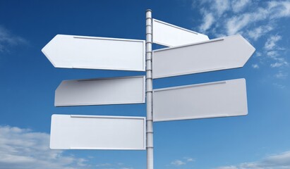 Blank White Signpost Against Blue Sky with Clouds