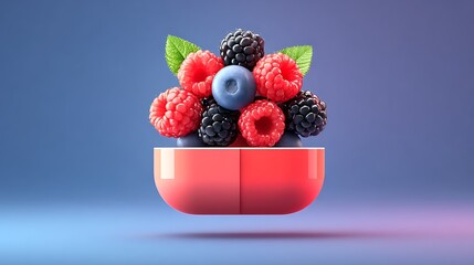 Digital Nutrient Pod with Mixed Berries Floating on Magnetic Base &ndash; Futuristic Food Tech on Soft Chrome Background