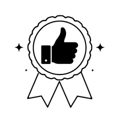 A black and white illustration of a thumbs-up award badge with ribbons.