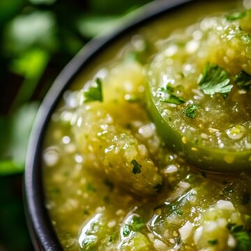 closeup of fermented salsa verde with cilantro and tomatillos macro Mexican condimen photography soft clean lighting
