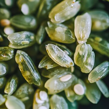 closeup of freekeh grains with greenishbrown hue, macro ancient grain photography, isolated soft lighting