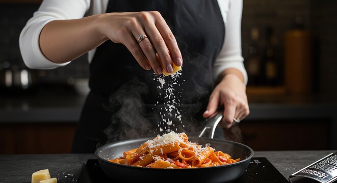 Chef grating cheese over steaming pasta in a pan, culinary preparation