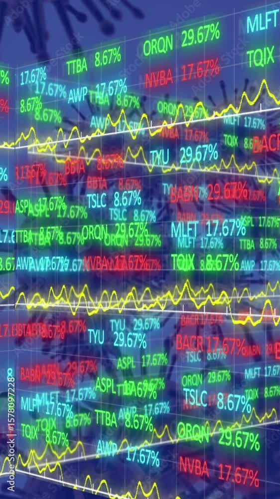Poster animation of financial graphs and data over blue background with virus cells