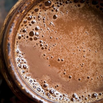 closeup of Mexican temazcal fermented hot chocolate drink rich brown creamy texture macro Latin American fermented beverage photography