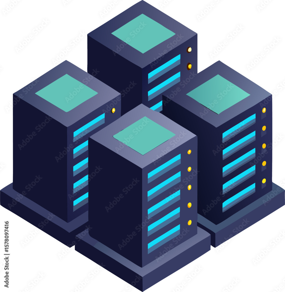Poster isometric data centre racks with glowing leds, tech infrastructure with white background.