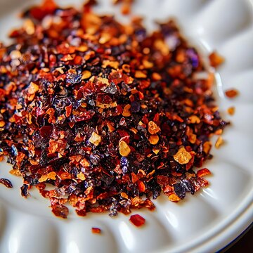 closeup of urfa biber flakes on white ceramic plate glossy redblack chili texture macro Turkish spice photography